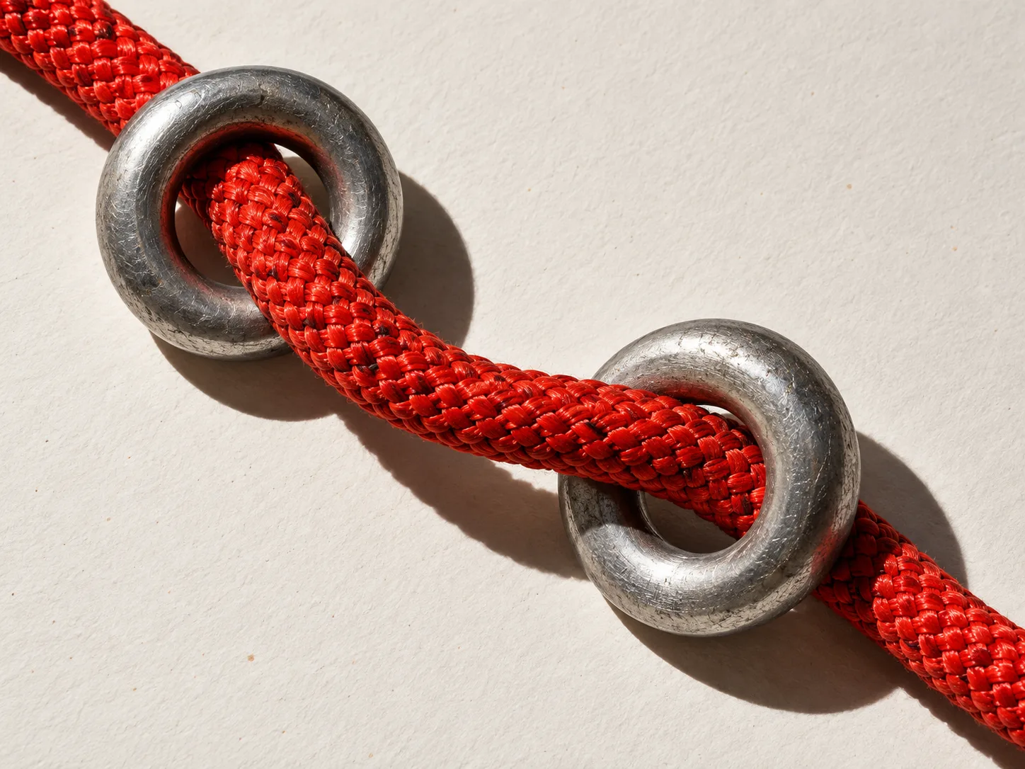 Vermilion cord threaded through two steel rings